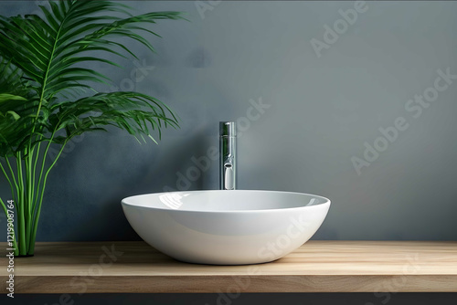 Minimalist white sink on a wooden countertop near a gray wall with a green plant Closeup of a round modern vesselstyle white undermount bathroom fixture for an interio photo