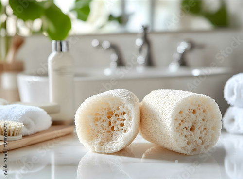 A product photo of two liberated cylindrical natural loofah sponges one is cut in half to show the interior texture and softness The background features an elegant bat