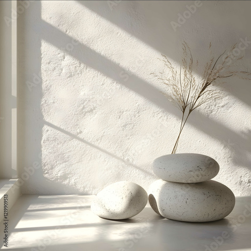 A minimalist Bohoinspired scene with smooth natural stones placed near a window The background features a white or stonelike surface with soft natural light creating g photo