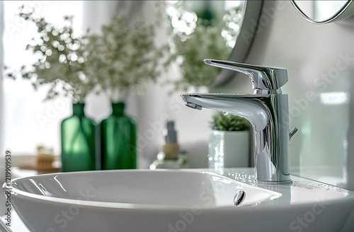 A closeup shot of the faucet showcasing its sleek design and highquality construction set against an elegant bathroom background with stylish decorations like green bo photo