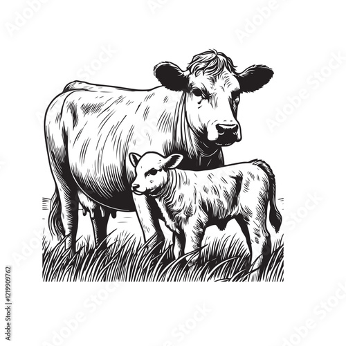 Vector cow and calf lineart illustration