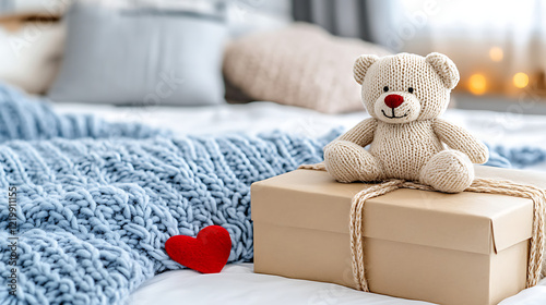 The fluffy brown teddy bear, a beloved childhood toy, sits on the sofa, a symbol of love and comfort photo
