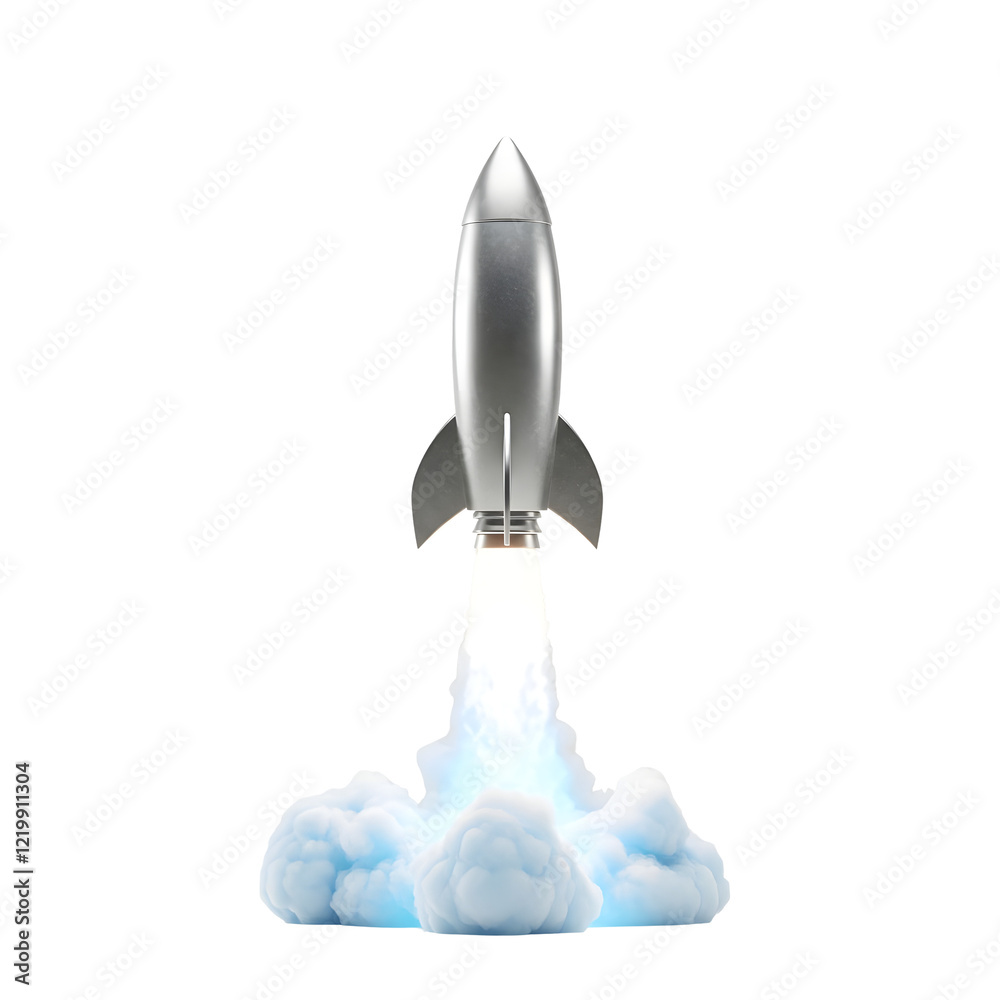 Metallic Rocket in Flight with Flames and Smoke on Transparent Background. PNG