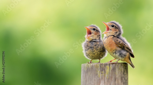 Two baby birds chirping at each other on wooden post, expressing joy