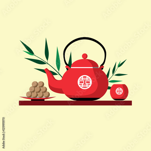 Chinese teapot. Teacup, teapot, and bamboo leaf. afternoon tea ceremony party or breakfast. Flat desgin vector illustration. Isolated background.