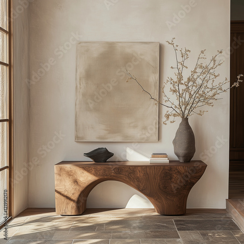 meticulously arranged wabi-sabi style entryway design featuring a weathered walnut console cabinet,simple yet substantial.Exquisite decor pieces,comfortable proportions,cinematic stills