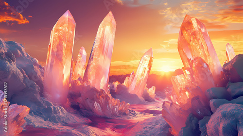 Explore a stunning canyon with large crystal formations at sunset. Crystal Canyon. Illustration photo