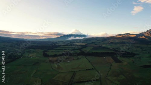 4K Aerial Drone video of Cotopaxi Volcano Green Meadow Sunrise Epic
