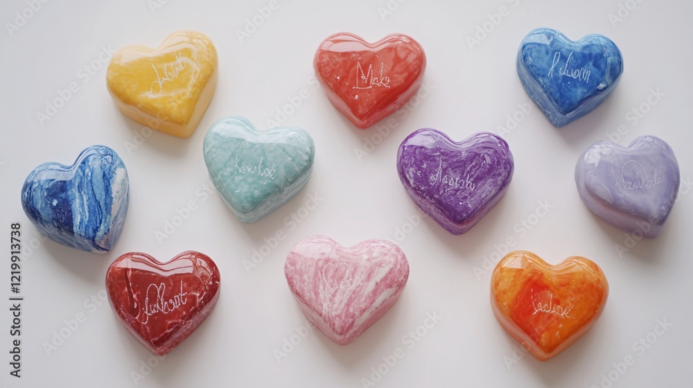A collection of colorful candy hearts with sweet messages on a white surface A collection of colorful candy hearts with sweet messages on a white surface