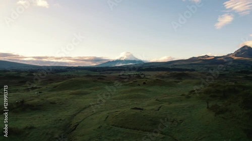 4K Aerial Drone Fly Over Cotopaxi Volcano Grean Meadow Vacation