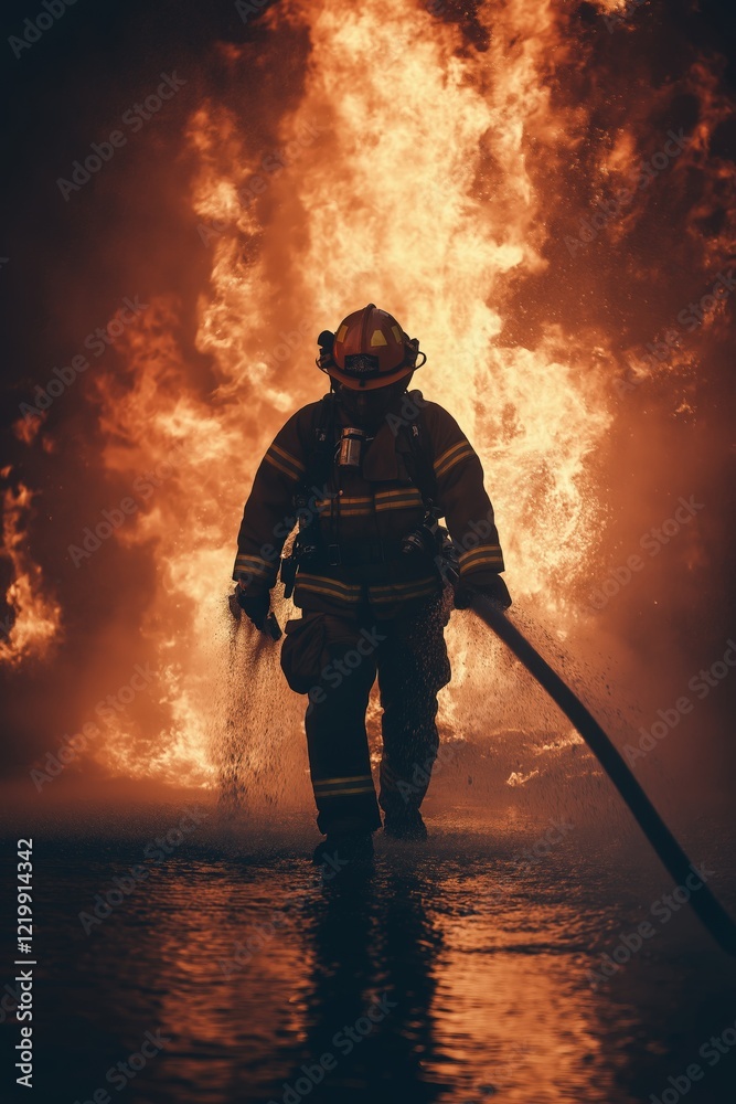 Fototapeta premium A brave firefighter sprays water to extinguish a large fire, wearing protective gear created by ai