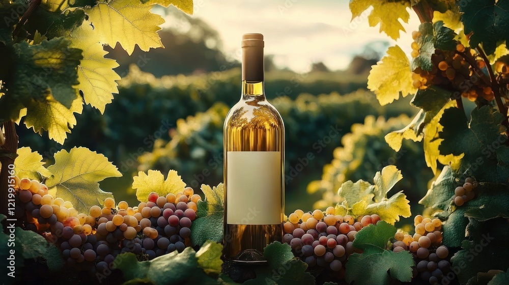 Fototapeta premium White Wine Bottle Surrounded by Grape Leaves in Vineyard Landscape with Rolling Hills and Golden Hour Lighting