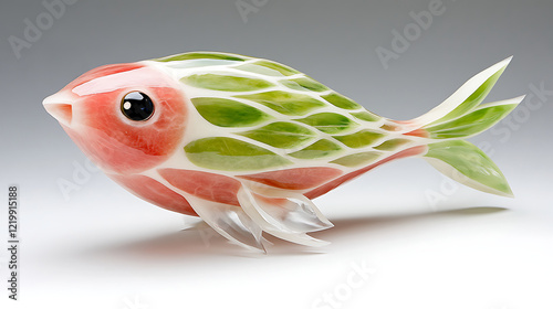 Goldfish and shrimp on a wooden table with a fresh, aquatic theme photo