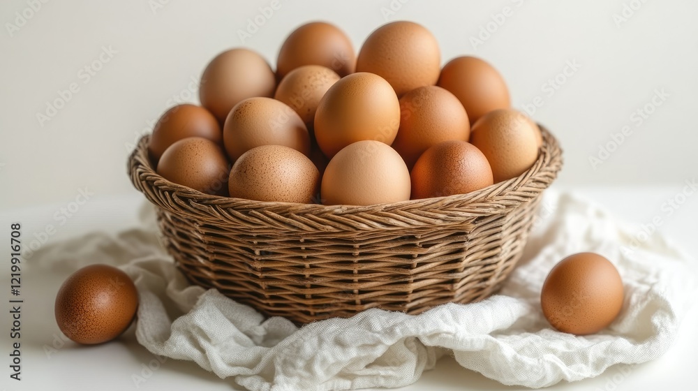 Brown eggs in wicker basket on white cloth Brown eggs in wicker basket on white cloth