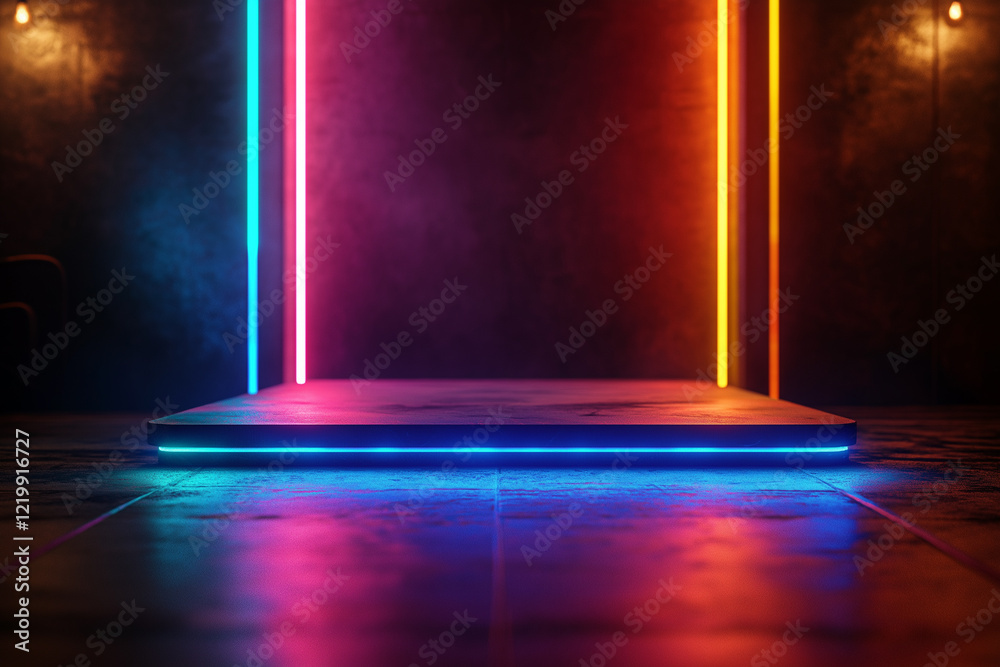 Abstract futuristic neon background with glowing lines and light effects, creating an empty virtual space for design or presentation of products. Abstract futuristic neon background with glowing lines and light effects, creating an empty virtual space for design or presentation of products.