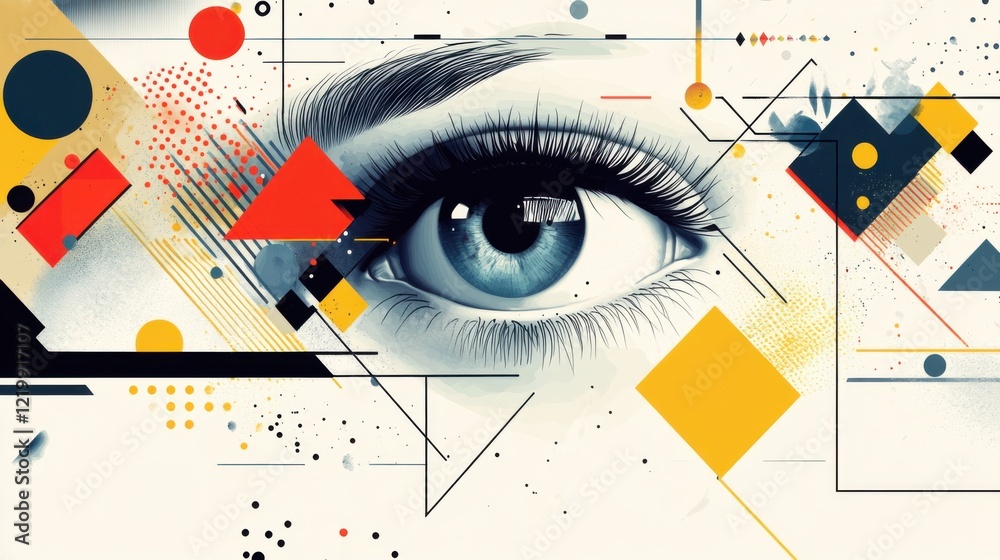 Obraz premium An artistic representation of a human eye surrounded by colorful geometric shapes and patterns