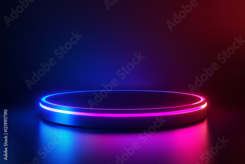 Abstract futuristic neon background with glowing lines and light effects, creating an empty virtual space for design or presentation of products.  photo