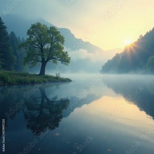 Mist-shrouded lake at dawn with a lone tree reflected on the water, peaceful atmosphere, dawn light, calm waters