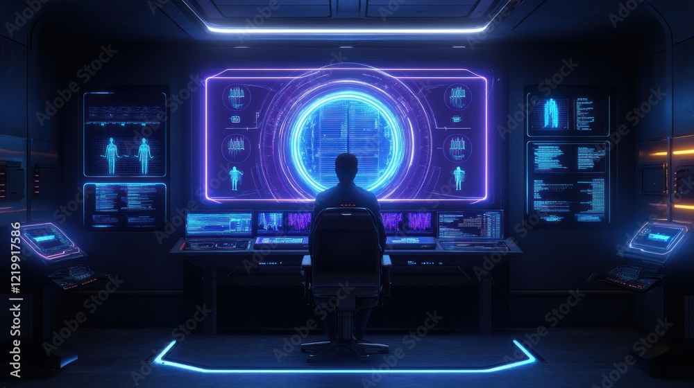 Fototapeta premium Futuristic Control Room: A lone operator monitors complex data streams on holographic displays in a high-tech environment.
