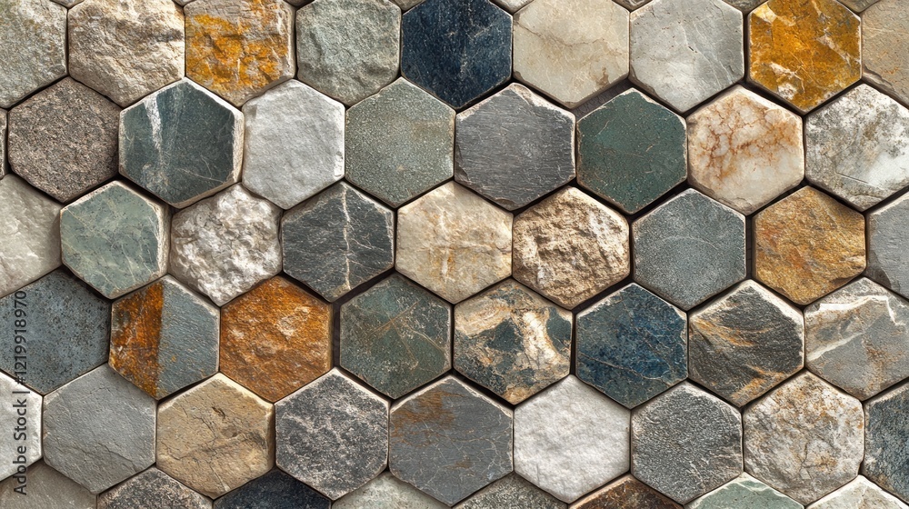 Fototapeta premium A seamless pattern of hexagonal stone tiles in various shades of brown, grey and white.