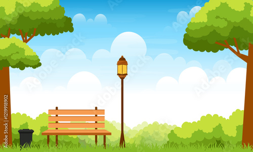 landscape illustration of a green garden of grass and trees with benches and lanterns on the background of clouds and blue sky. suitable for nature and summer concept