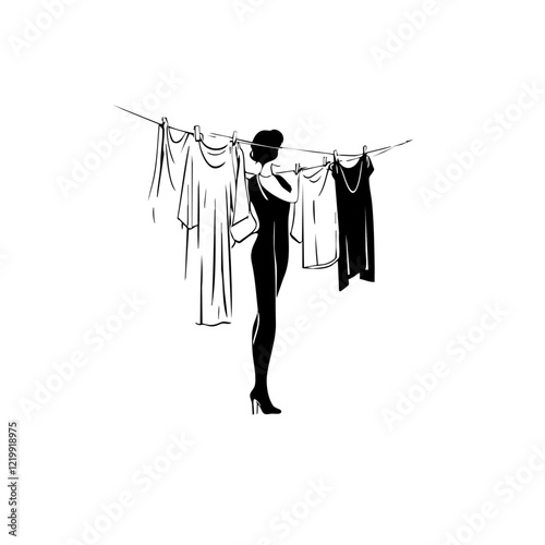 Woman Hanging Clothes Vector Logo Design