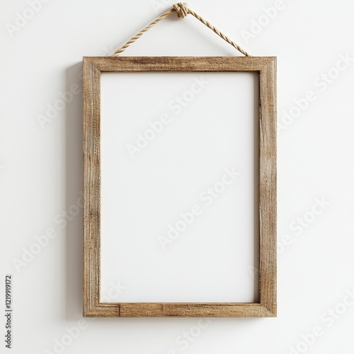 Empty rustic wooden frame hanging on white wall with jute rope.