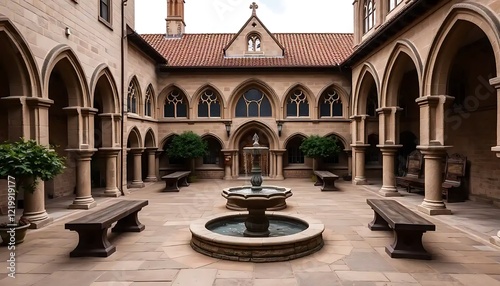 Stone Courtyard Fountain Medieval Architecture photo