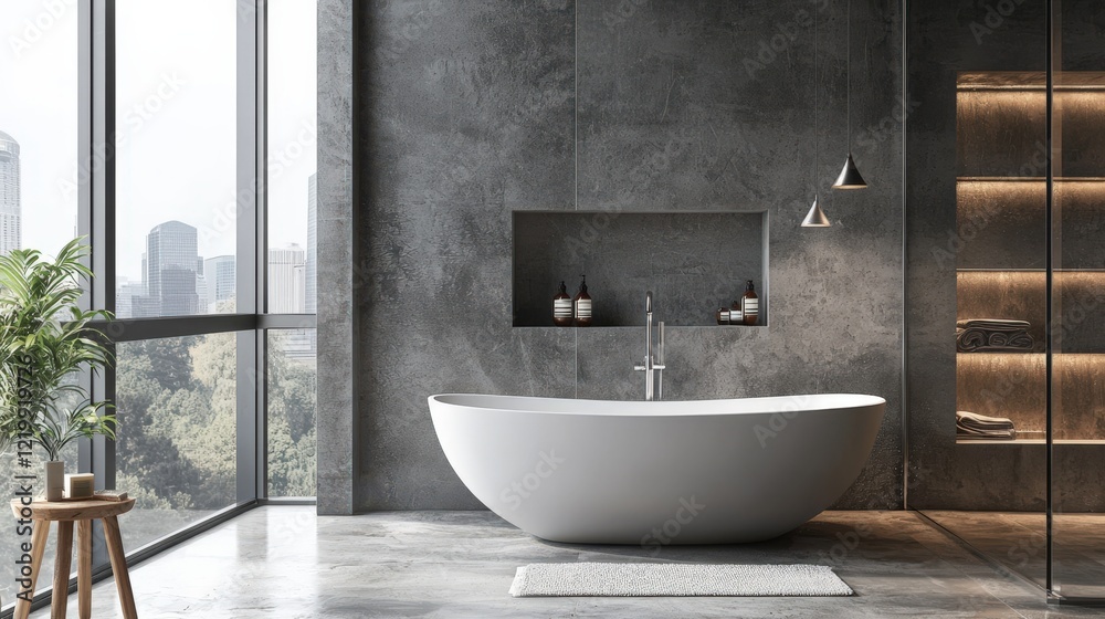 A large bathtub sits in a bathroom with a view of the city A large bathtub sits in a bathroom with a view of the city