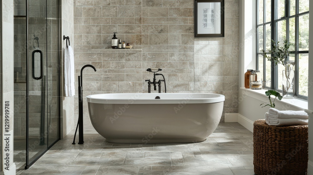 A bathroom with a large bathtub and a window A bathroom with a large bathtub and a window