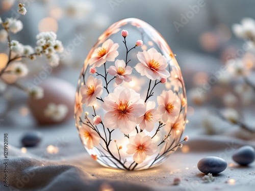 Elegant Easter egg with floral design, glowing softly in a serene spring setting. photo