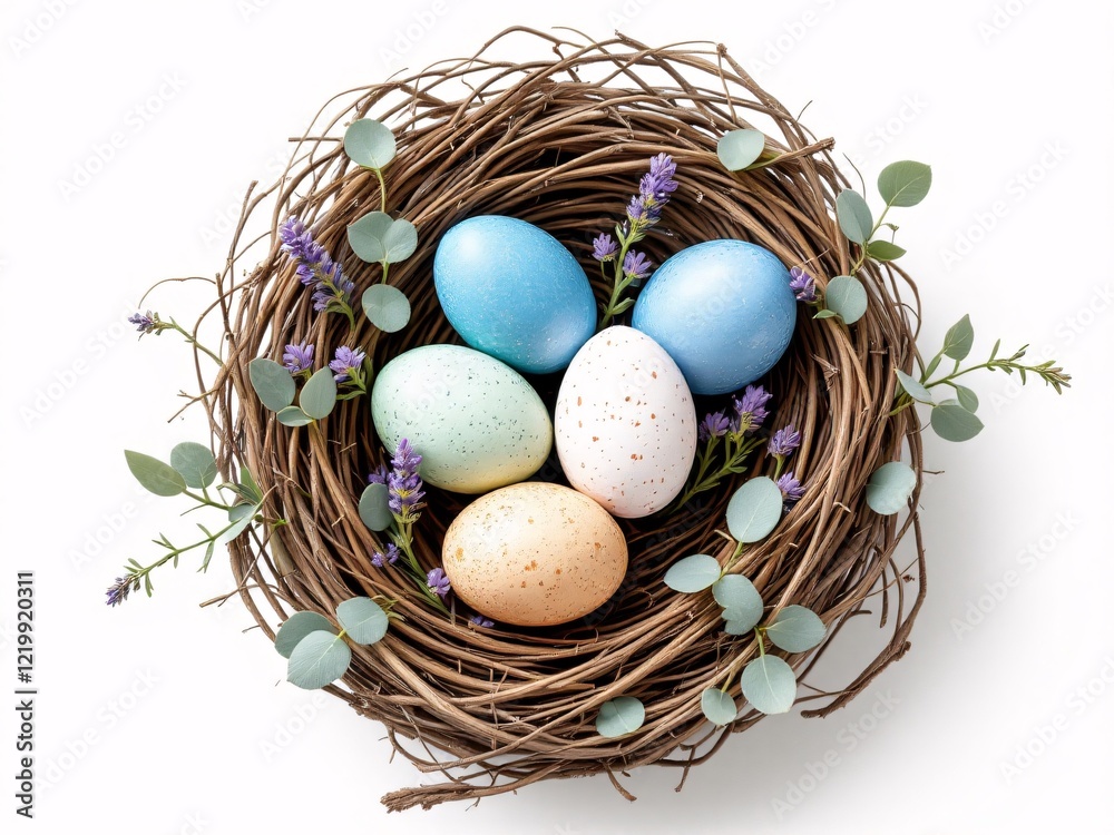 Obraz premium Nest with eggs surrounded by spring flowers