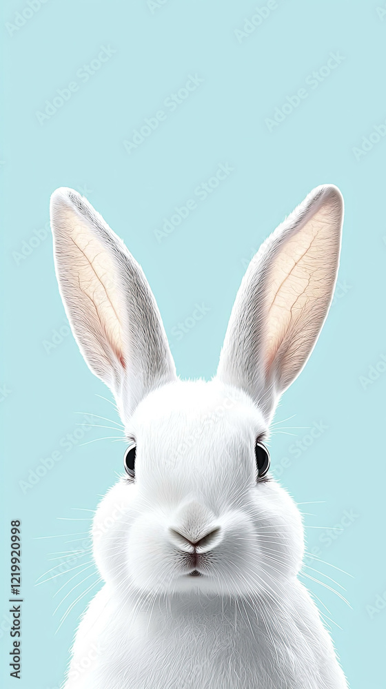Fluffy white rabbit with large ears on light blue background Fluffy white rabbit with large ears on light blue background