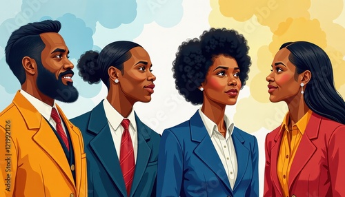 Vibrant Illustration: Four Diverse Business Individuals in Dynamic Cloud Background for Black History Month photo