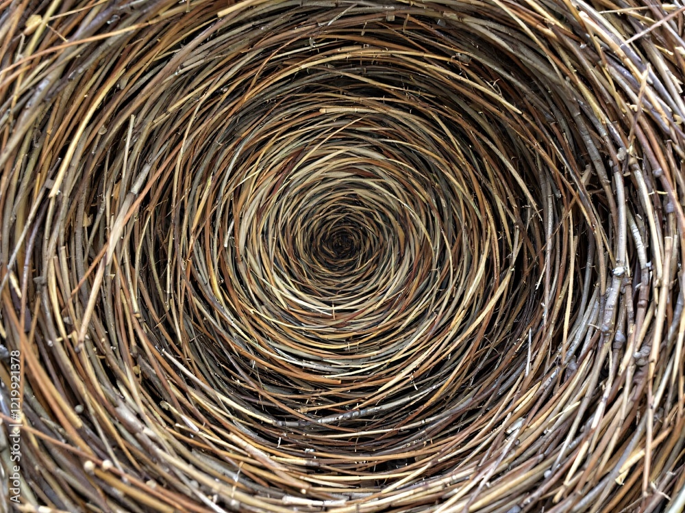 Close-up of a handwoven spiral basket with a natural texture. Close-up of a handwoven spiral basket with a natural texture.