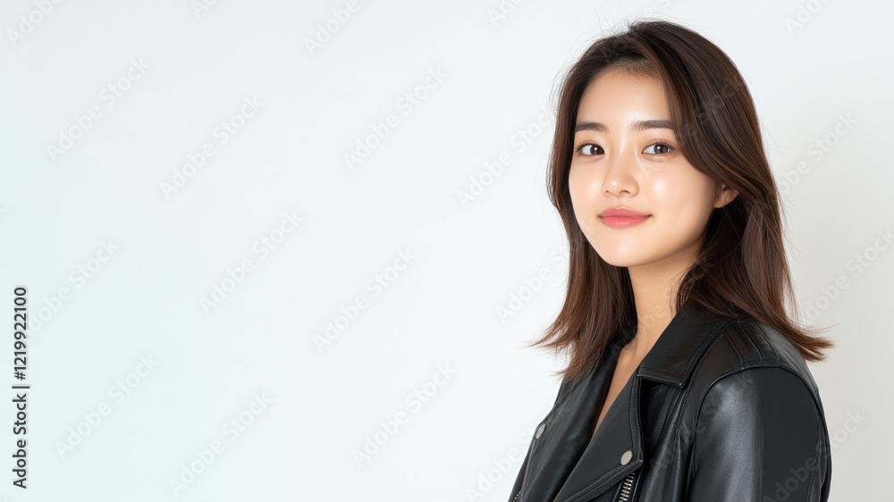 Korean happy woman wearing black leather jacket smiling isolated on white background Korean happy woman wearing black leather jacket smiling isolated on white background