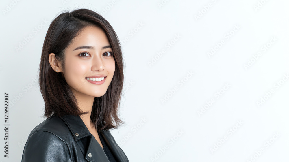 Indonesian happy woman wearing black leather jacket smiling isolated on white background Indonesian happy woman wearing black leather jacket smiling isolated on white background