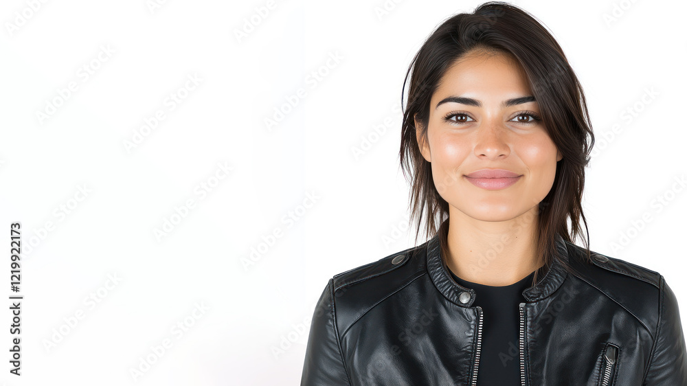 Pakistani happy woman wearing black leather jacket smiling isolated on white background Pakistani happy woman wearing black leather jacket smiling isolated on white background