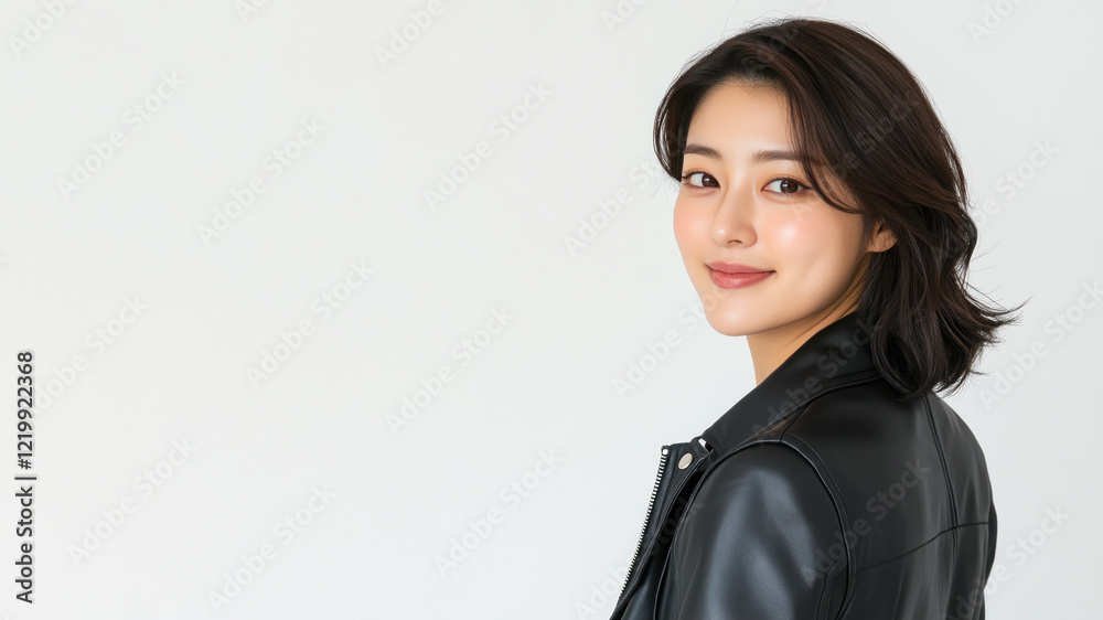 Korean happy woman wearing black leather jacket smiling isolated on white background Korean happy woman wearing black leather jacket smiling isolated on white background