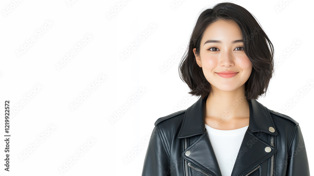 Indonesian happy woman wearing black leather jacket smiling isolated on white background Indonesian happy woman wearing black leather jacket smiling isolated on white background