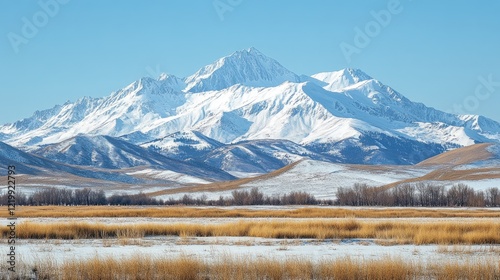 Fototapeta Naklejka Na Ścianę i Meble -  Snowy mountain peaks towering over winter landscape in montana