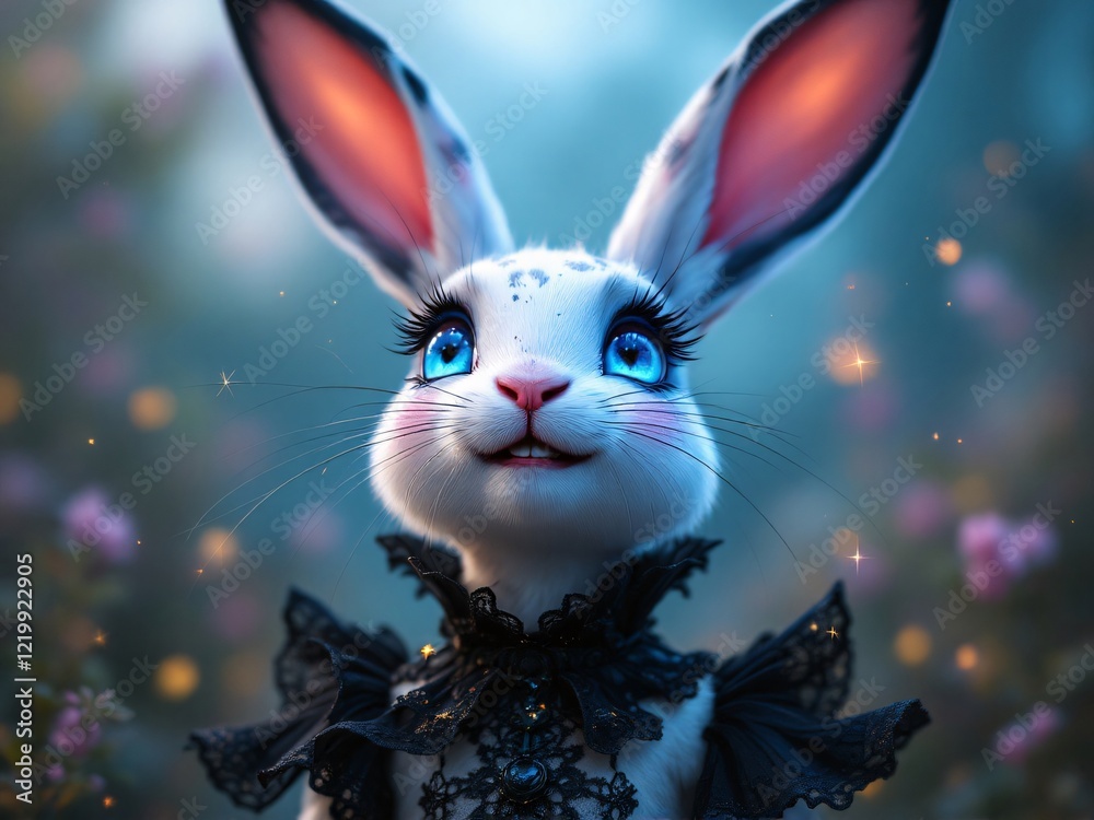 A cute bunny with sparkling blue eyes and a pink background, exuding a magical and whimsical charm.