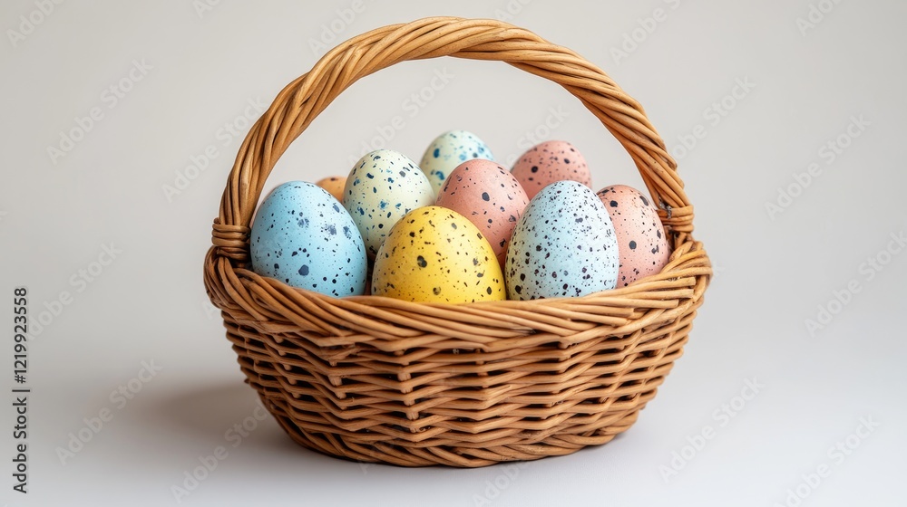Fototapeta premium Wicker basket brimming with colorful speckled easter eggs on white background