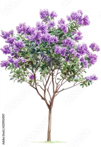 Watercolor Painting of a Lilac Tree in Full Bloom