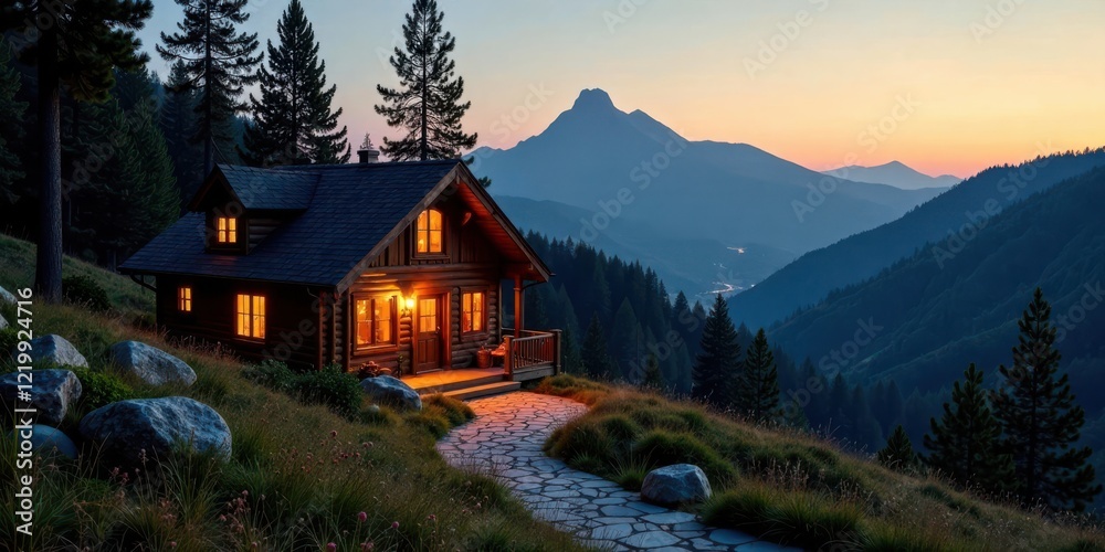 Fototapeta premium Secluded Mountain Cabin with Evening Glow, Stone Path, and Serene Forest Vista