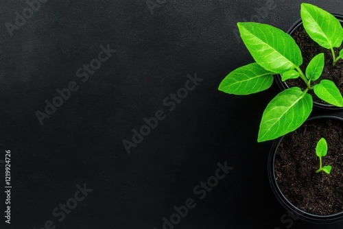 Seedlings in Pots: Top View on Gray Background