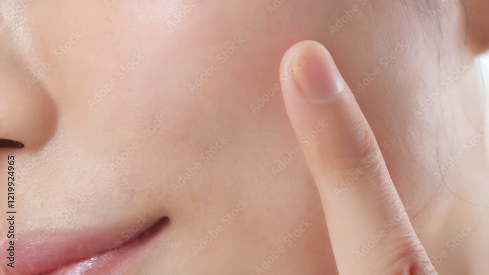 Obraz premium 人差し指でそっと触れられた、日本人女性の頬のクローズアップショット
