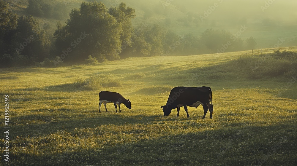 Two cows grazing in a field Two cows grazing in a field