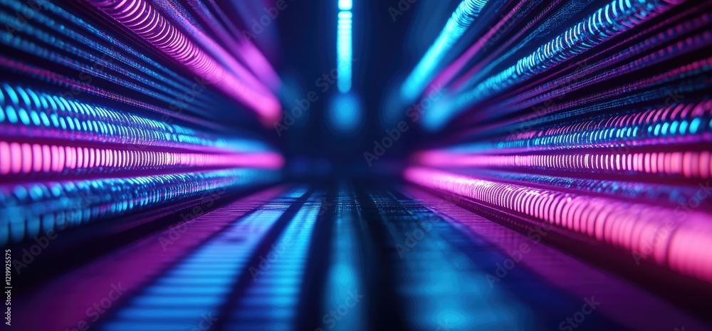 Obraz premium Abstract purple blue light tunnel, digital future tech background