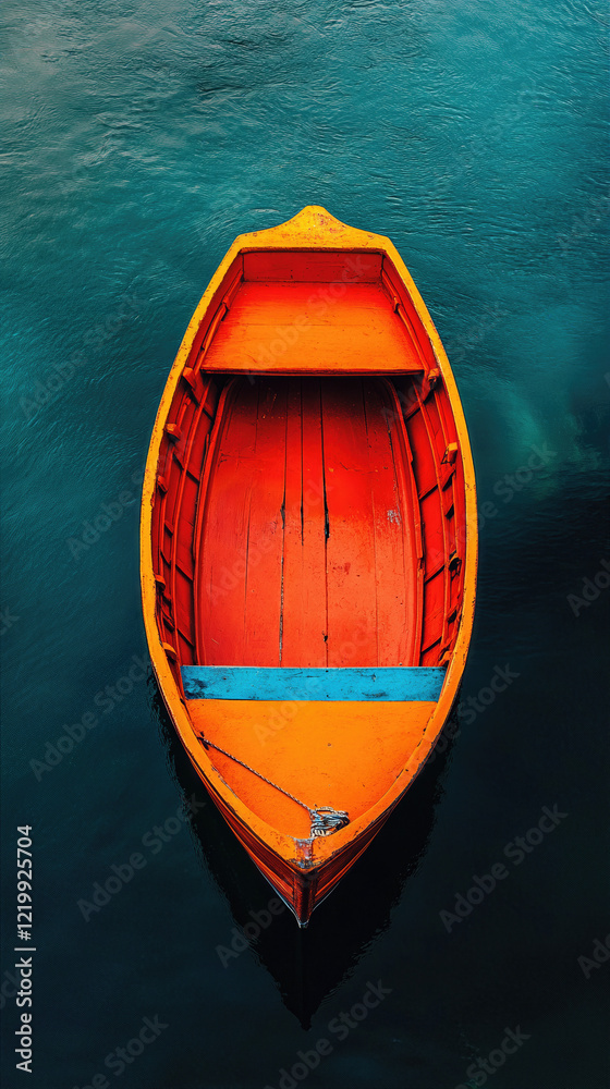 Obraz premium Vibrant Orange Wooden Boat on Tranquil Blue Water - Ideal for Travel and Lifestyle Themes